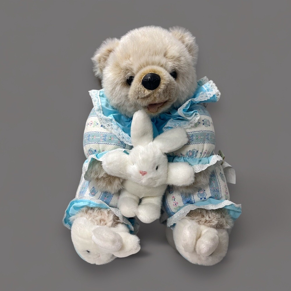 1992 Vintage Plush Creations Inc Pajamas Bear Stuffed Plush W/ Bunny & Slippers